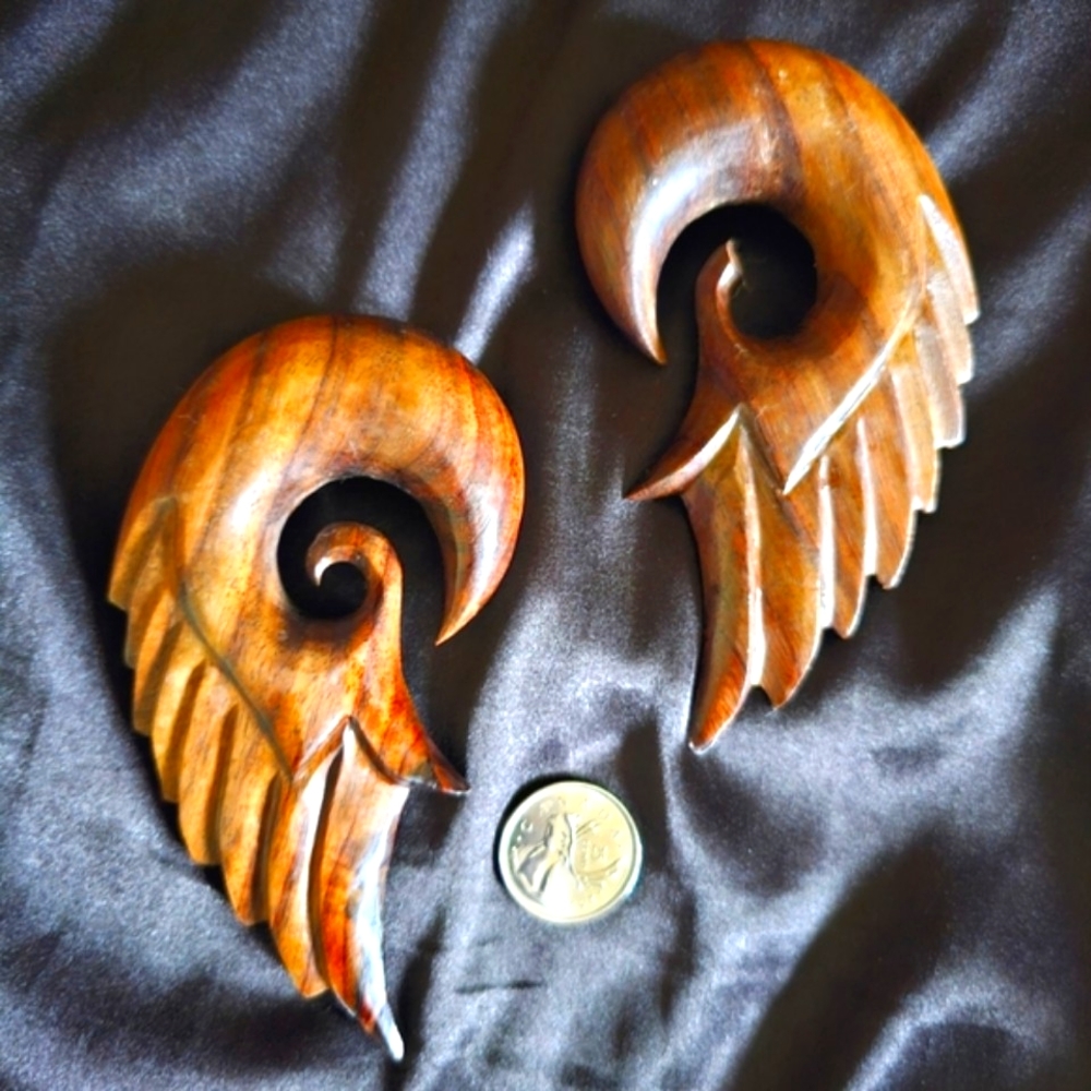 Carved wood hanging wing jewelry for stretched gauged ears